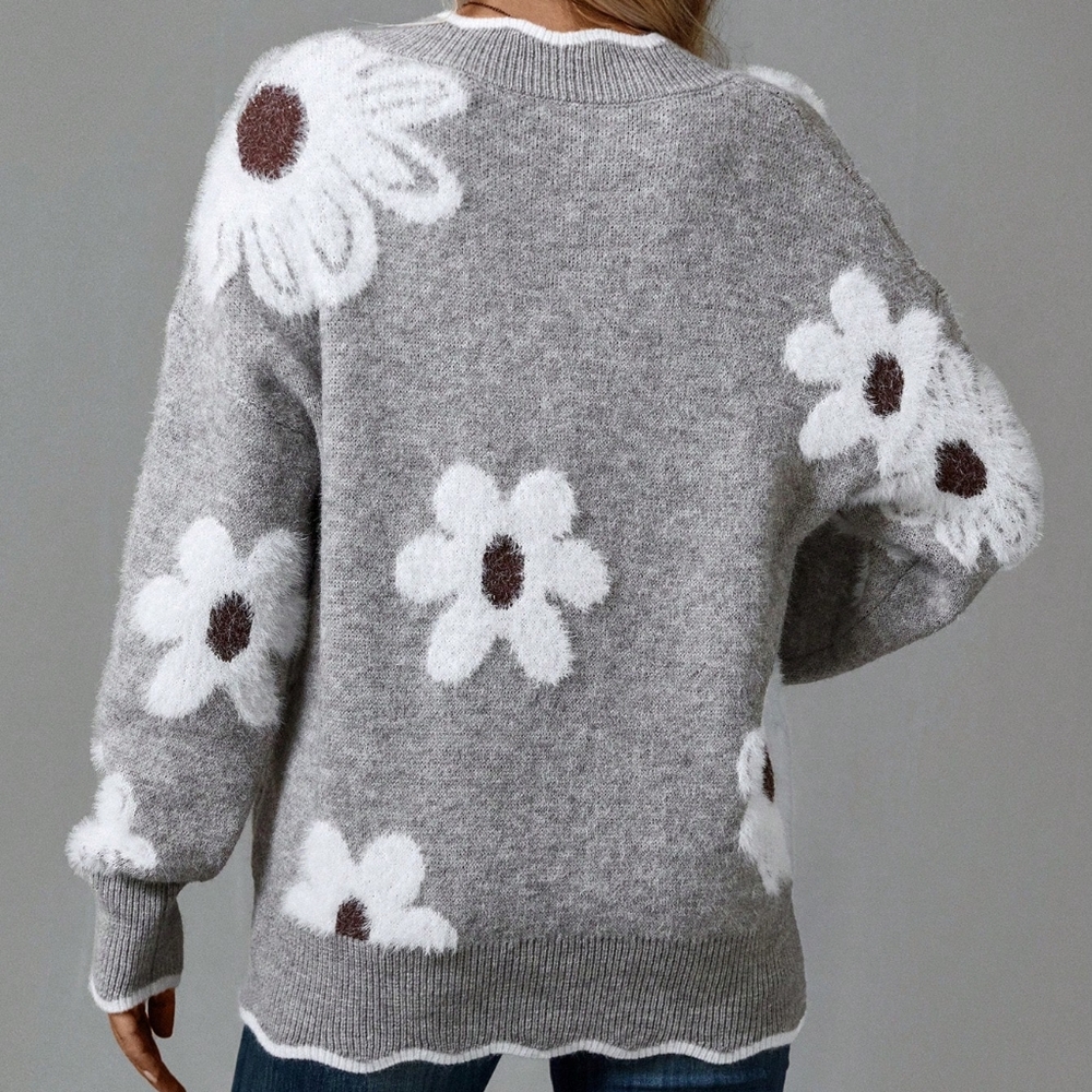 Women's Grey Floral Pattern Easter Family Sweater - Picture 2 of 4